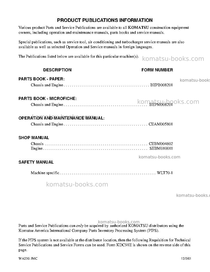 Komatsu wa250-3usa-mc Operation manual cover Page 5 Komatsu wa250-3usa-mc Operation manual cover Page 5