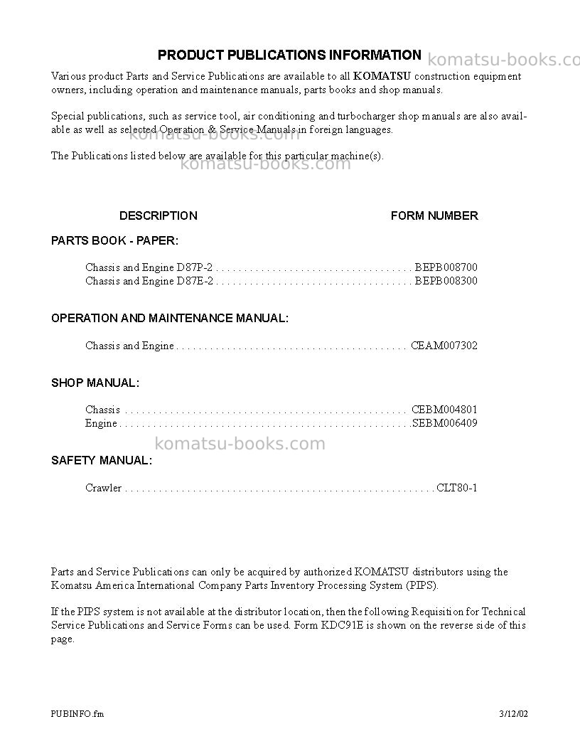 Komatsu d87e-2usa Operation manual cover Page 5
