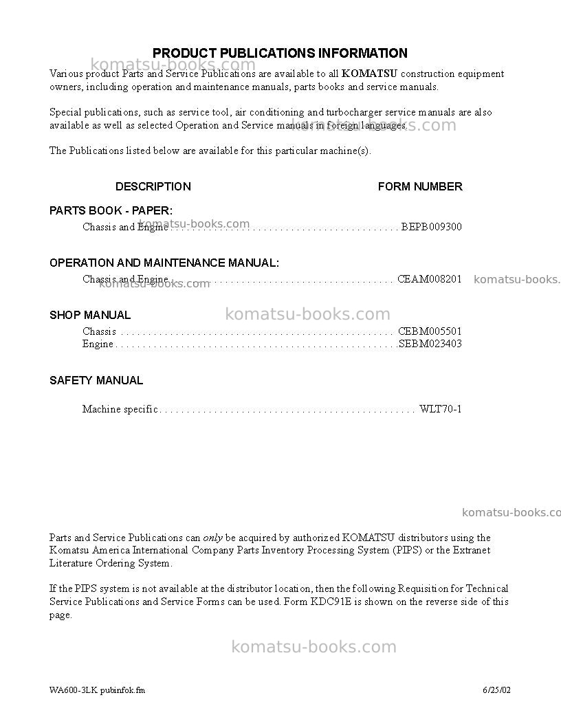 Komatsu wa600-3usa-lk Operation manual cover Page 5 Komatsu wa600-3usa-lk Operation manual cover Page 5