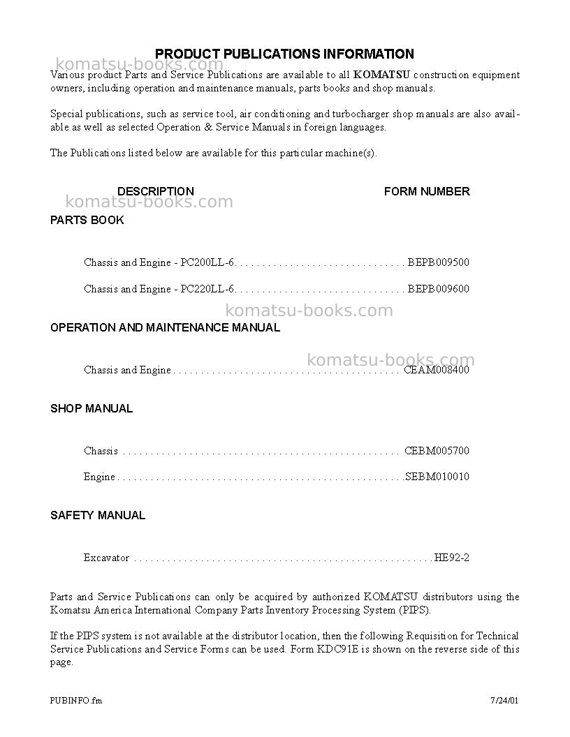 Komatsu pc220ll-6usa Operation manual cover Page 5 Komatsu pc220ll-6usa Operation manual cover Page 5