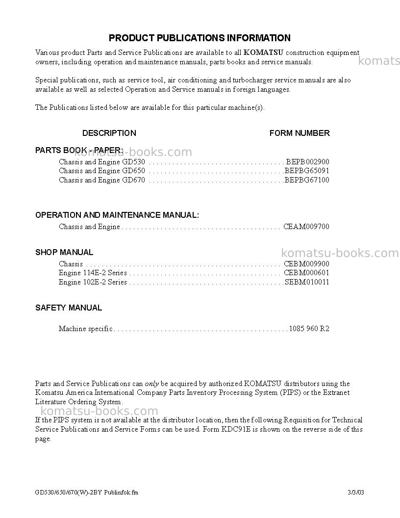Komatsu gd650aw-2usa-by Operation manual cover Page 5 Komatsu gd650aw-2usa-by Operation manual cover Page 5