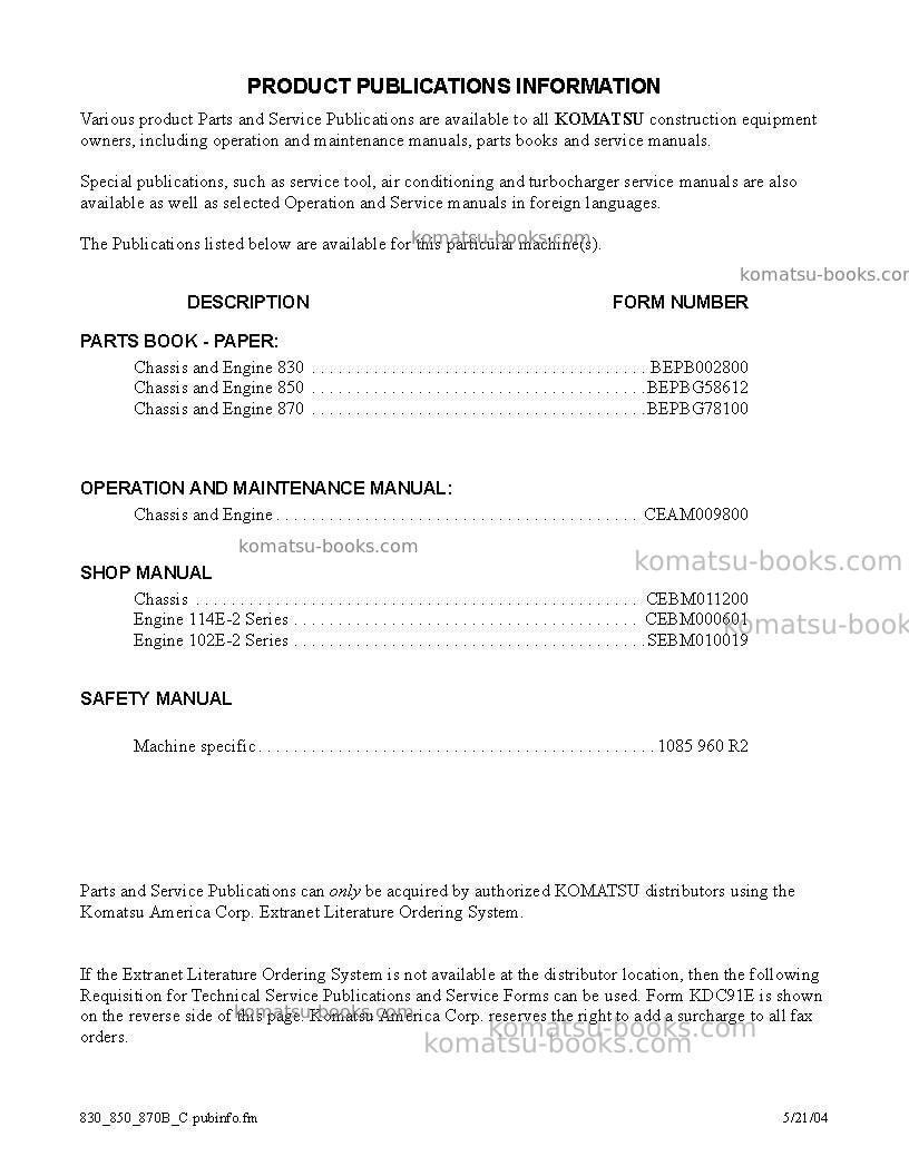 Komatsu 870c Operation manual cover Page 5 Komatsu 870c Operation manual cover Page 5