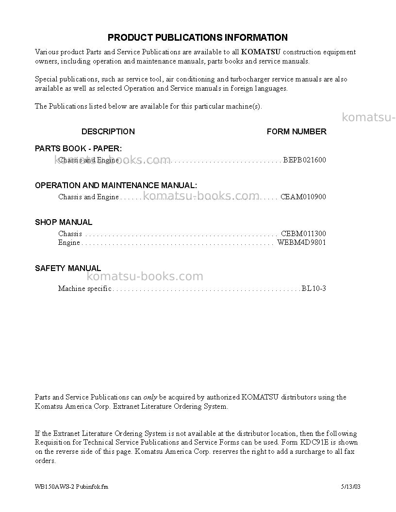 Komatsu wb150aws-2usa-n Operation manual cover Page 5 Komatsu wb150aws-2usa-n Operation manual cover Page 5