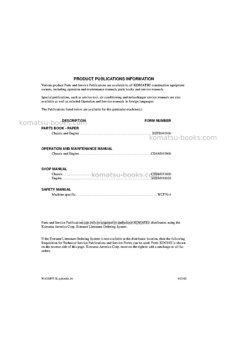 Komatsu wa320pt-5usa-l Operation manual cover Page 5