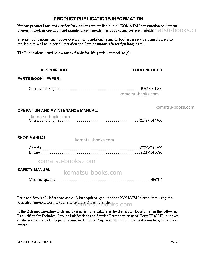 Komatsu pc270ll-7usa-l Operation manual cover Page 5 Komatsu pc270ll-7usa-l Operation manual cover Page 5
