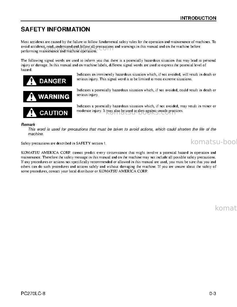 Komatsu pc270lc-8usa Operation manual cover Page 5 Komatsu pc270lc-8usa Operation manual cover Page 5