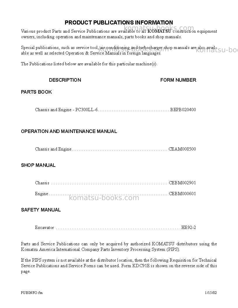 Komatsu pc200el-6gbr-k Operation manual cover Page 5 Komatsu pc200el-6gbr-k Operation manual cover Page 5