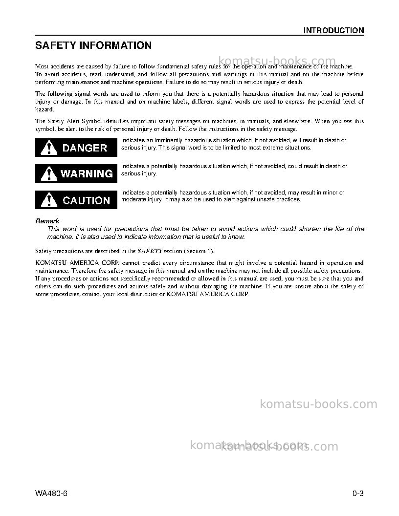 Komatsu wa480-6usa Operation manual cover Page 5 Komatsu wa480-6usa Operation manual cover Page 5