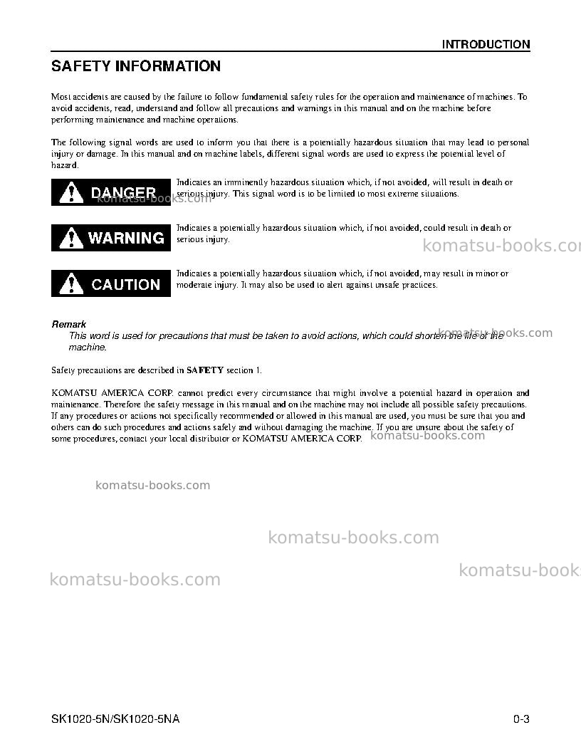 Komatsu sk1020-5usa-na Operation manual cover Page 5 Komatsu sk1020-5usa-na Operation manual cover Page 5