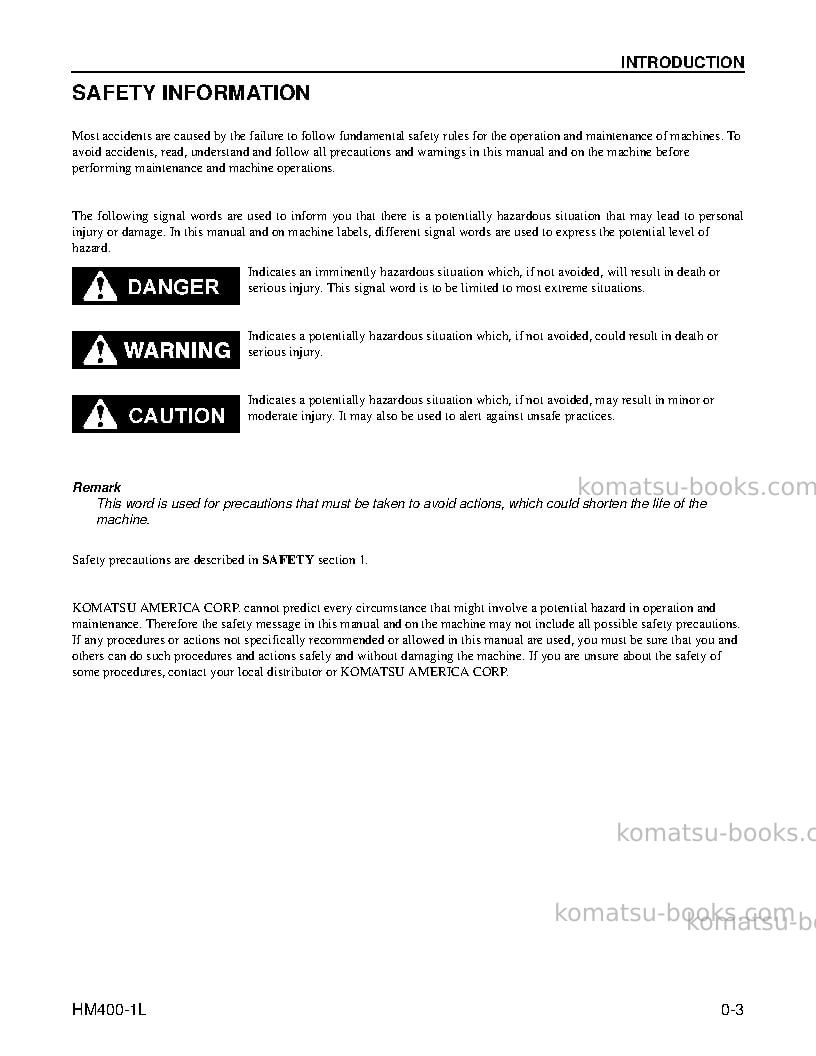 Komatsu hm400-1usa-l Operation manual cover Page 5 Komatsu hm400-1usa-l Operation manual cover Page 5