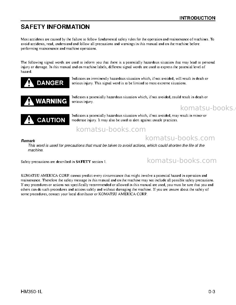Komatsu hm350-1usa-l Operation manual cover Page 5 Komatsu hm350-1usa-l Operation manual cover Page 5