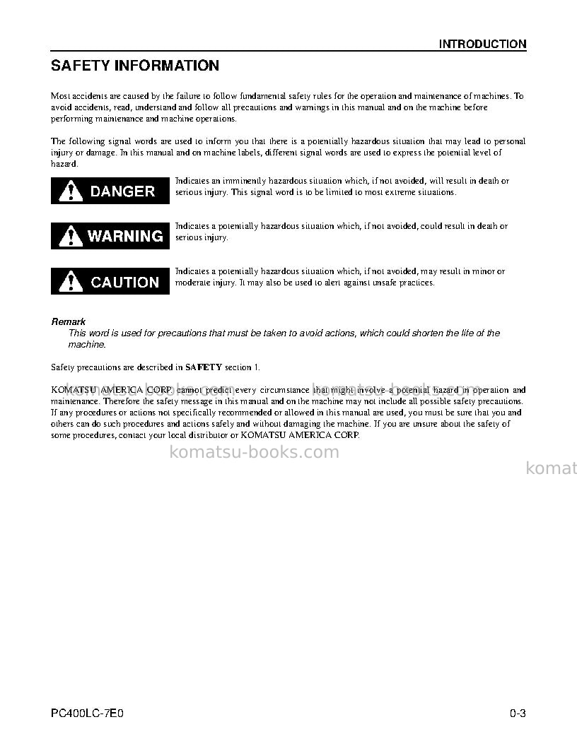 Komatsu pc400lc-7usa-tier 3 Operation manual cover Page 5 Komatsu pc400lc-7usa-tier 3 Operation manual cover Page 5