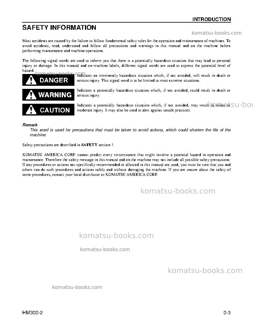 Komatsu hm300-2usa Operation manual cover Page 5 Komatsu hm300-2usa Operation manual cover Page 5