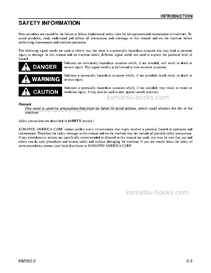 Komatsu hm350-2usa Operation manual cover Page 5 Komatsu hm350-2usa Operation manual cover Page 5