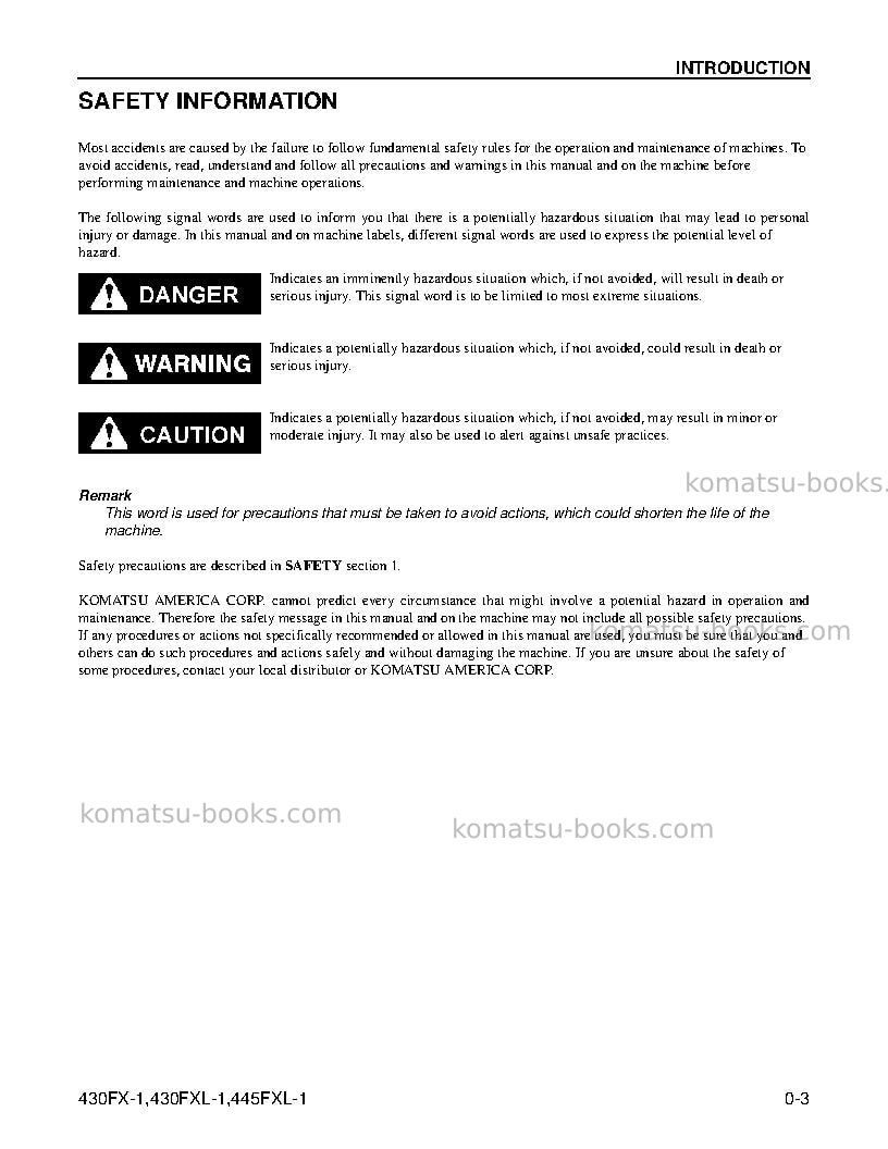 Komatsu 430fx-1usa Operation manual cover Page 5 Komatsu 430fx-1usa Operation manual cover Page 5