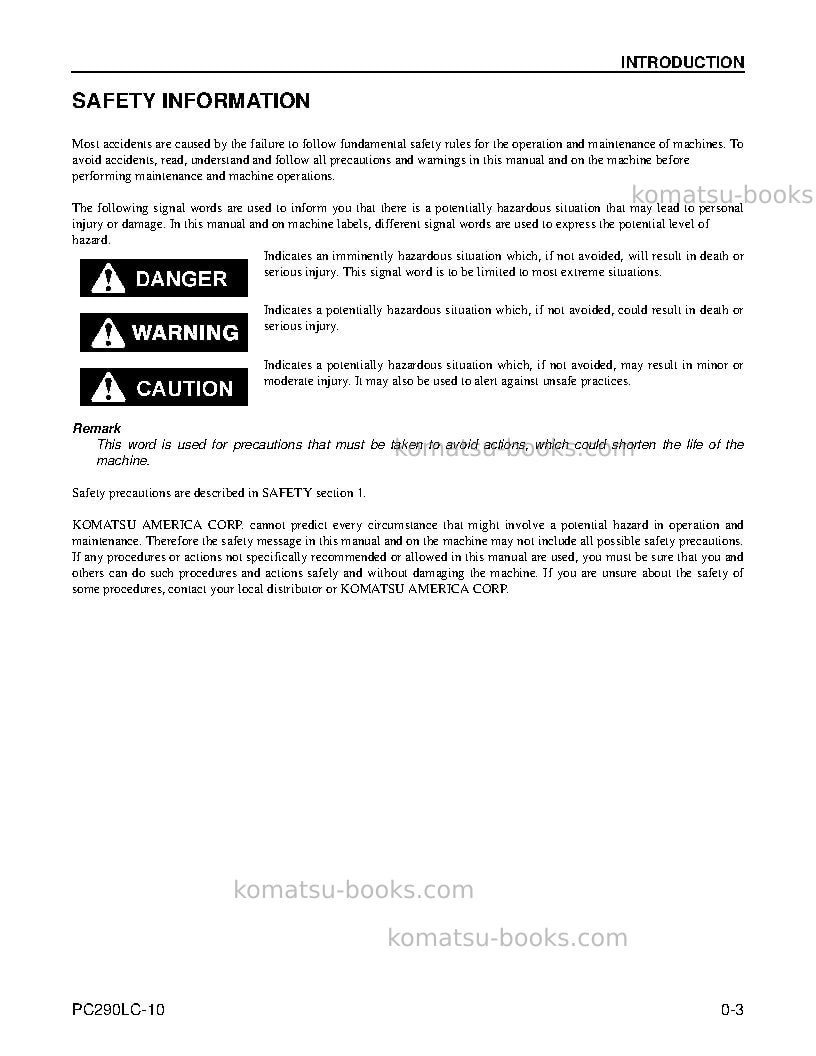 Komatsu pc290lc-10usa Operation manual cover Page 5 Komatsu pc290lc-10usa Operation manual cover Page 5