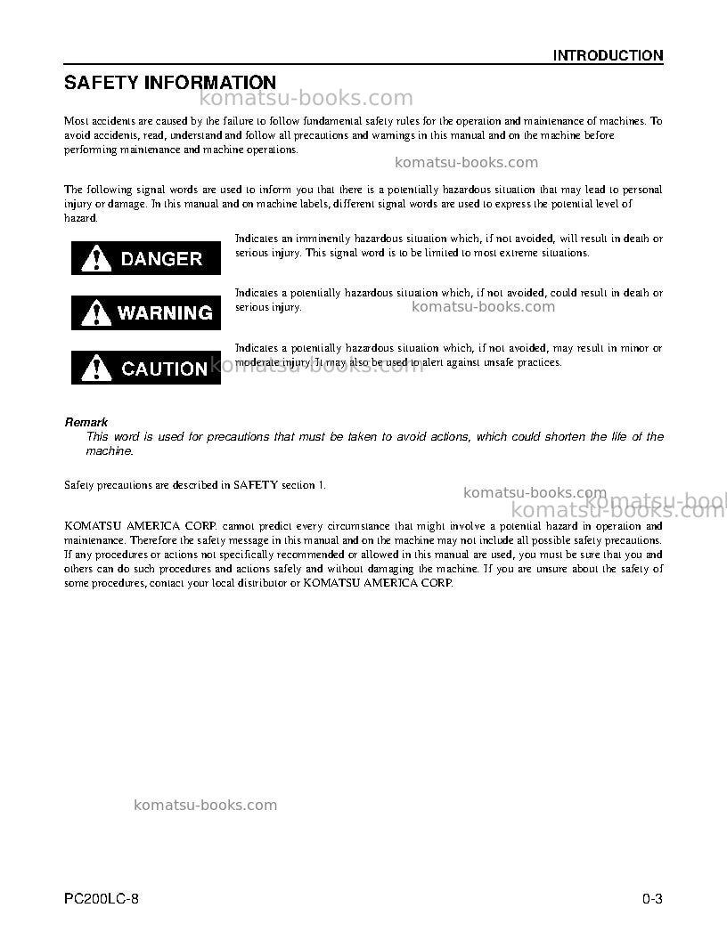 Komatsu pc200lc-8usa Operation manual cover Page 5 Komatsu pc200lc-8usa Operation manual cover Page 5