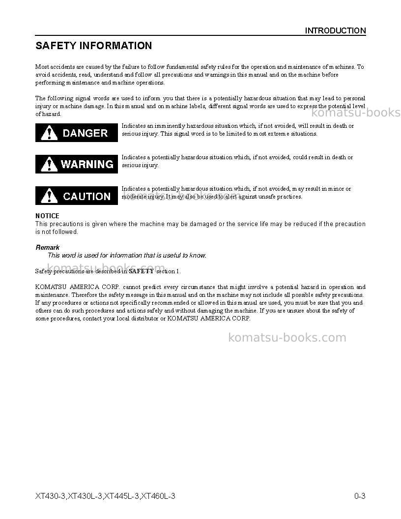 Komatsu xt430l-3usa Operation manual cover Page 5 Komatsu xt430l-3usa Operation manual cover Page 5