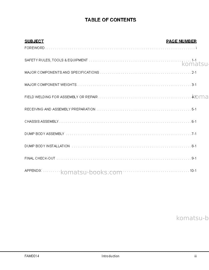 Komatsu hd1500-7usa Field assembly manual cover Page 5 Komatsu hd1500-7usa Field assembly manual cover Page 5