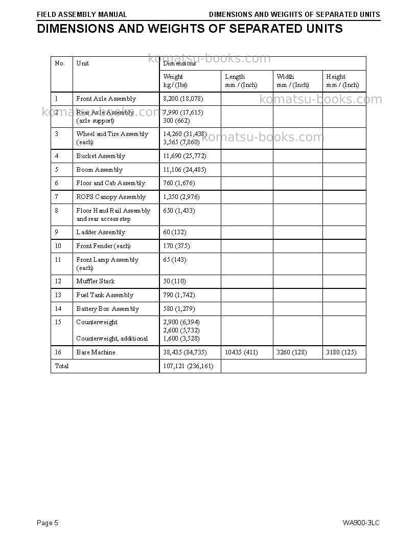 Komatsu wa900-3usa-lc Field assembly manual cover Page 5