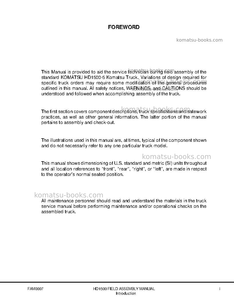 Komatsu hd1500-5usa Field assembly manual cover Page 5