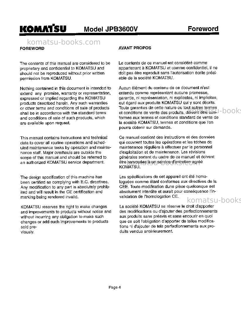 Komatsu jpb3600vusa Repair & maintenance cover Page 5