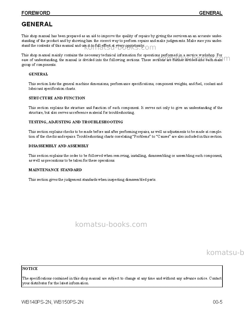 Komatsu wb140ps-2usa-n Repair & maintenance cover Page 5 Komatsu wb140ps-2usa-n Repair & maintenance cover Page 5