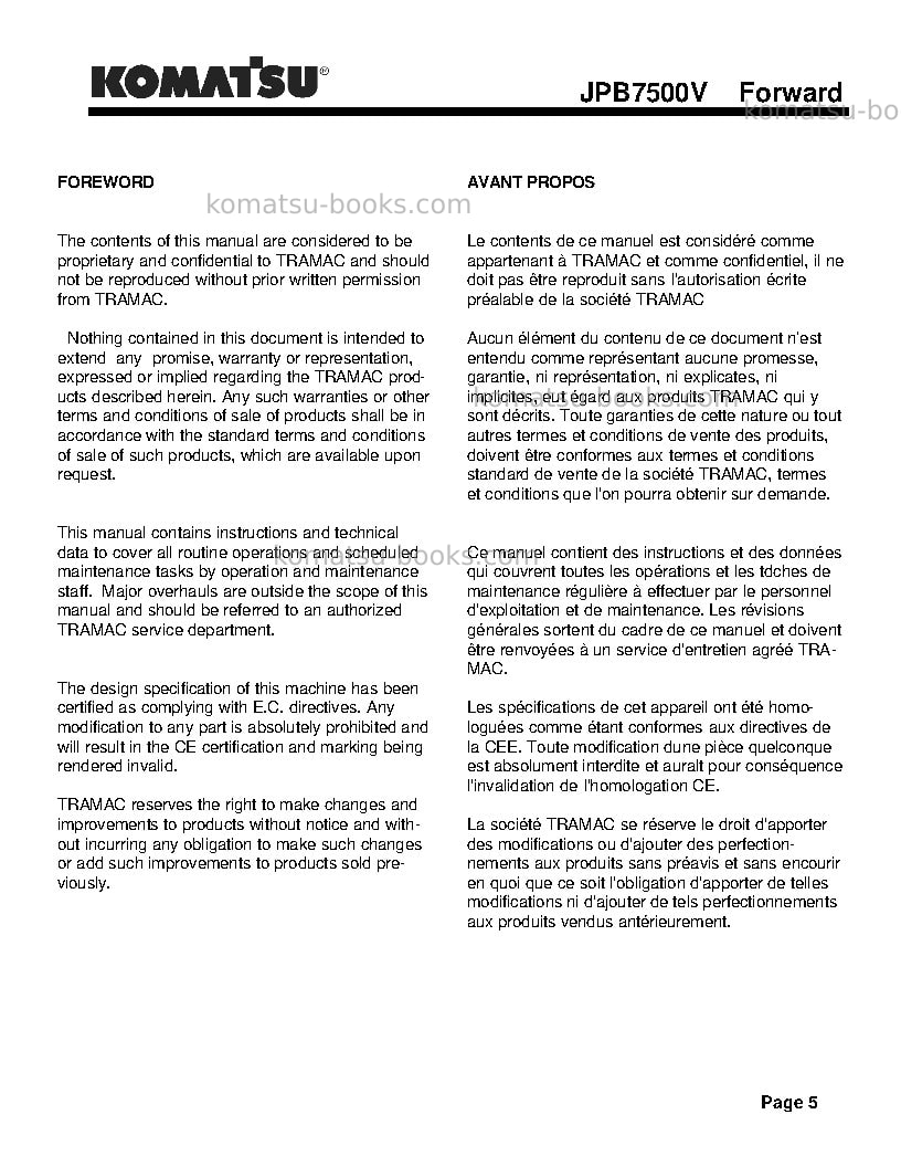 Komatsu jpb7500vusa Repair & maintenance cover Page 5