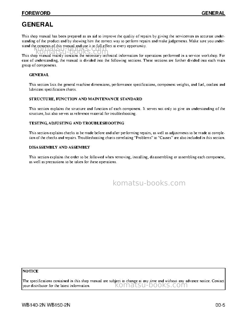 Komatsu wb140-2usa-n Repair & maintenance cover Page 5 Komatsu wb140-2usa-n Repair & maintenance cover Page 5