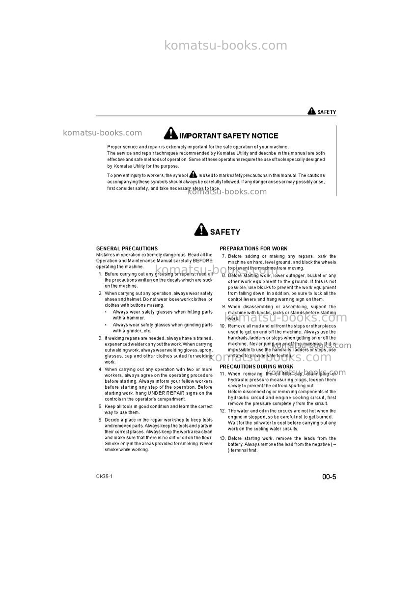 Komatsu ck35-1usa Repair & maintenance cover Page 5 Komatsu ck35-1usa Repair & maintenance cover Page 5