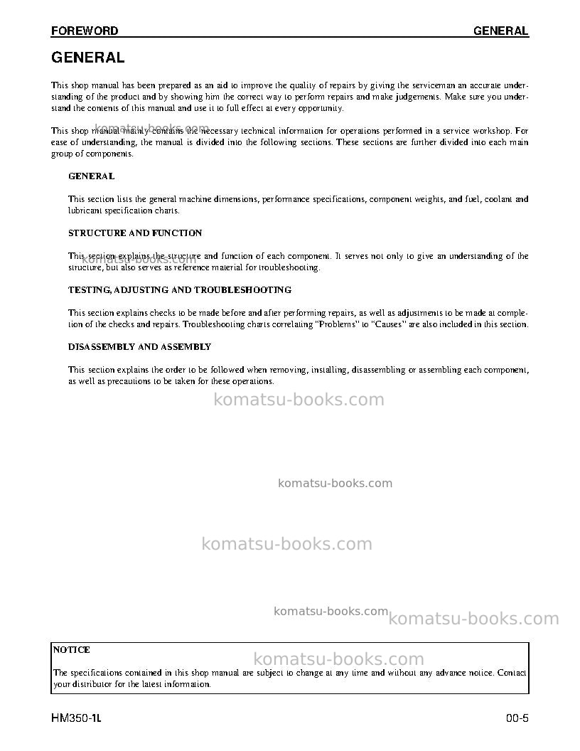 Komatsu hm350-1usa-l Repair & maintenance cover Page 5