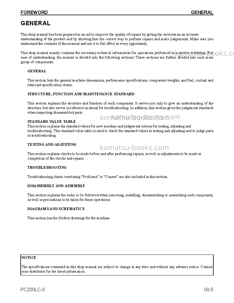 Komatsu pc200lc-8usa Repair & maintenance cover Page 5 Komatsu pc200lc-8usa Repair & maintenance cover Page 5