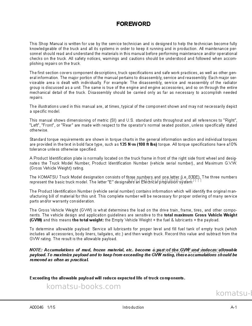 Komatsu 830e-1usa-ac Repair & maintenance cover Page 5 Komatsu 830e-1usa-ac Repair & maintenance cover Page 5