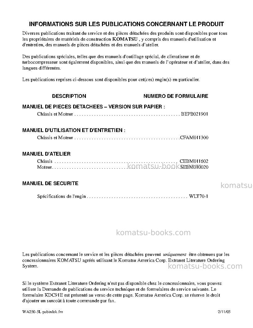 Komatsu wa250-5usa-l Manuel d'utilisation couverture Page 5 Komatsu wa250-5usa-l Manuel d'utilisation couverture Page 5