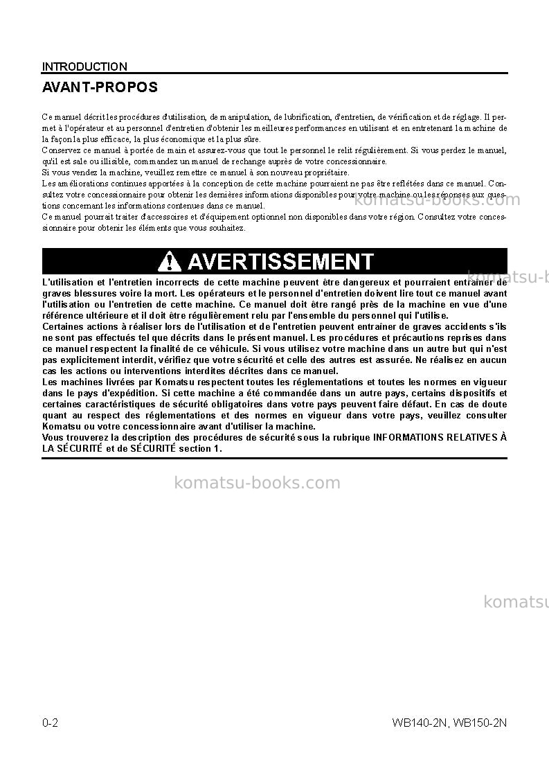 Komatsu wb140-2usa-n Manuel d'utilisation couverture Page 5 Komatsu wb140-2usa-n Manuel d'utilisation couverture Page 5