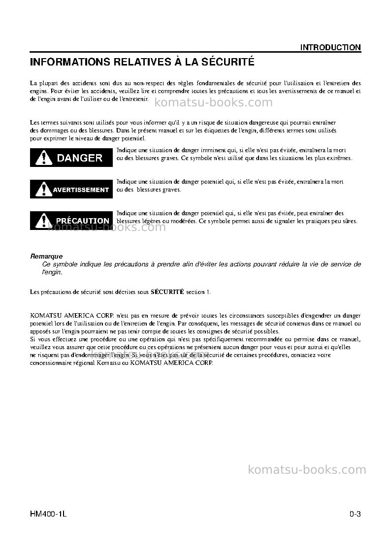 Komatsu hm400-1usa-l Manuel d'utilisation couverture Page 5