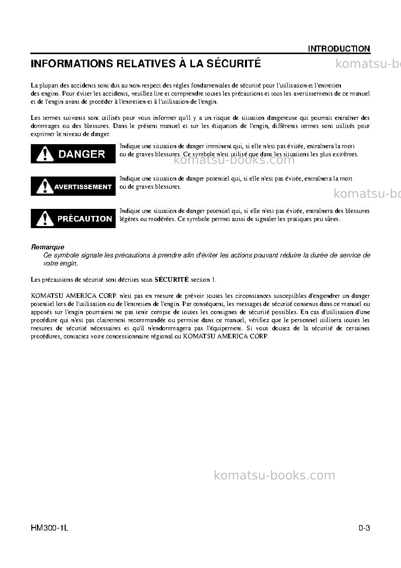 Komatsu hm300-1usa-l Manuel d'utilisation couverture Page 5 Komatsu hm300-1usa-l Manuel d'utilisation couverture Page 5