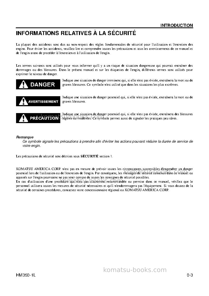Komatsu hm350-1usa-l Manuel d'utilisation couverture Page 5 Komatsu hm350-1usa-l Manuel d'utilisation couverture Page 5