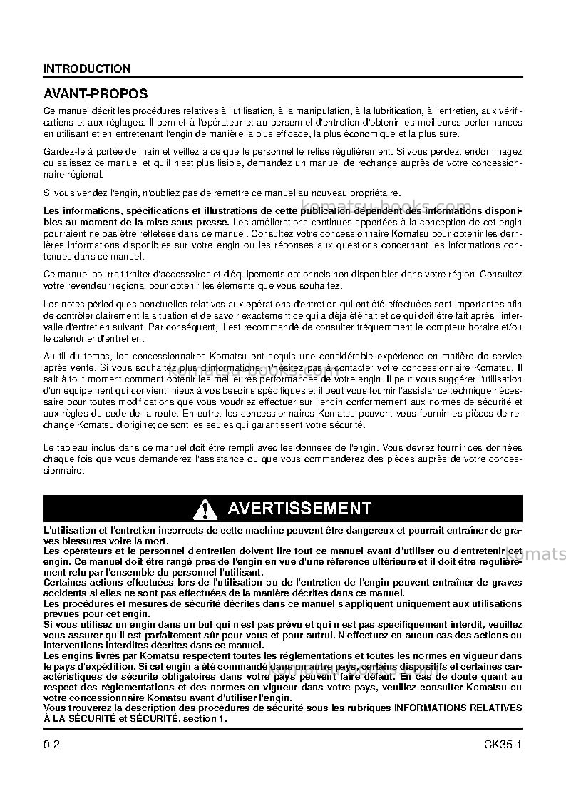 Komatsu ck35-1usa Manuel d'utilisation couverture Page 5 Komatsu ck35-1usa Manuel d'utilisation couverture Page 5