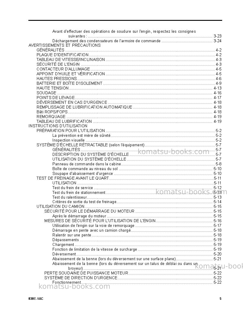 Komatsu 830e-1usa-ac Manuel d'utilisation couverture Page 5 Komatsu 830e-1usa-ac Manuel d'utilisation couverture Page 5
