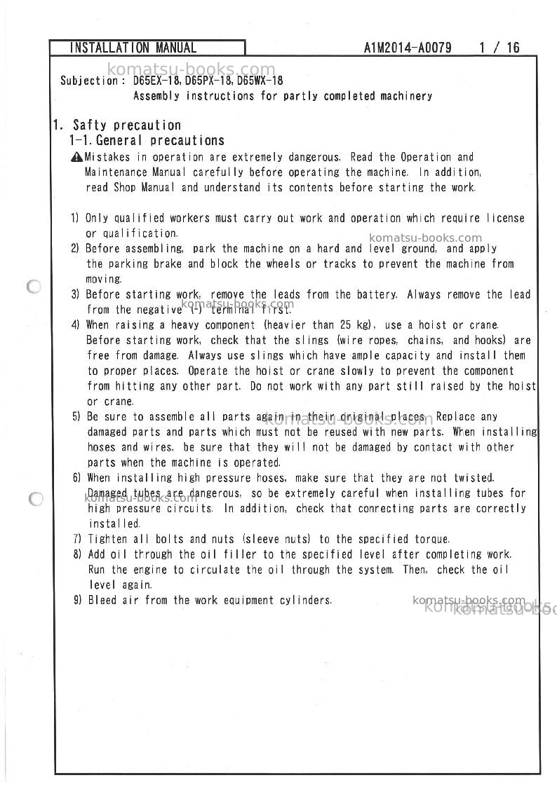 Komatsu d65ex-18jpn Field assembly manual cover Page 5 Komatsu d65ex-18jpn Field assembly manual cover Page 5