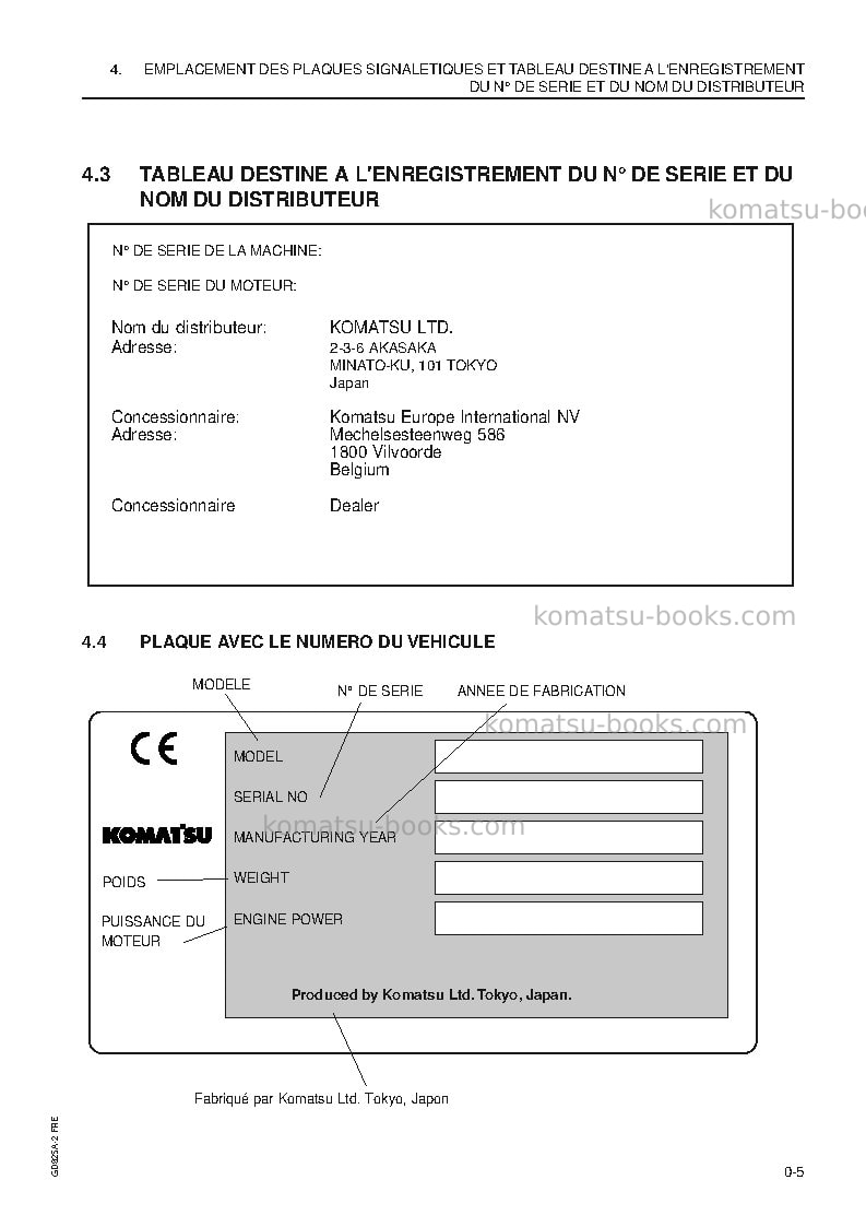 Komatsu gd825a-2usa Manuel d'utilisation couverture Page 5 Komatsu gd825a-2usa Manuel d'utilisation couverture Page 5