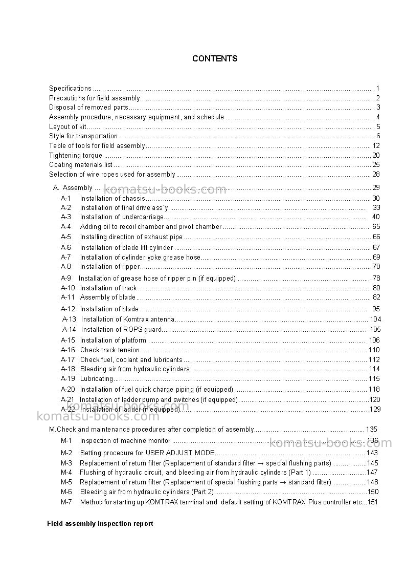 Komatsu d375a-8jpn Field assembly manual cover Page 5 Komatsu d375a-8jpn Field assembly manual cover Page 5