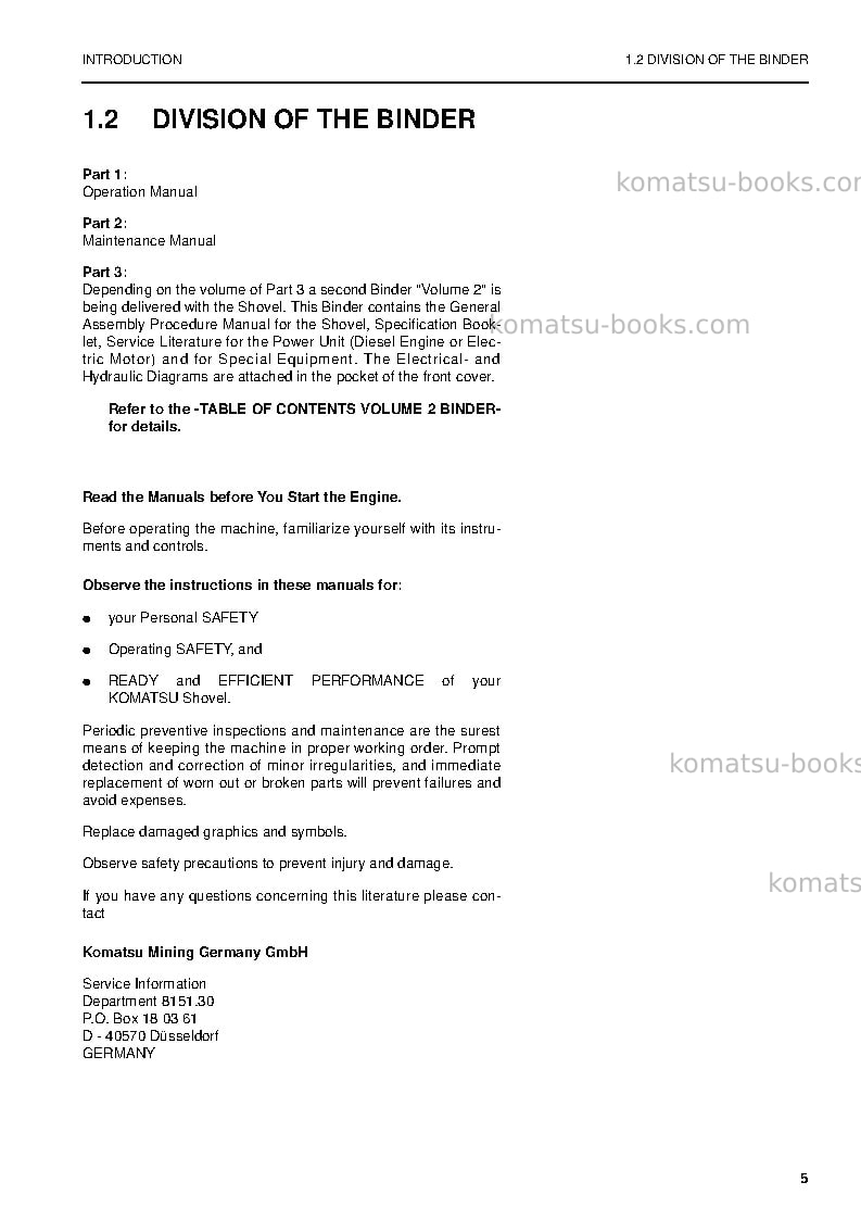 Komatsu pc4000-6deu Operation manual cover Page 5 Komatsu pc4000-6deu Operation manual cover Page 5
