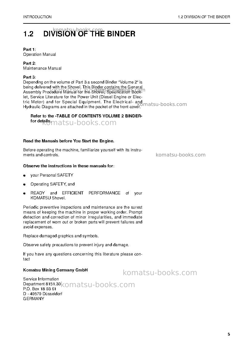 Komatsu pc4000-6deu Operation manual cover Page 5 Komatsu pc4000-6deu Operation manual cover Page 5