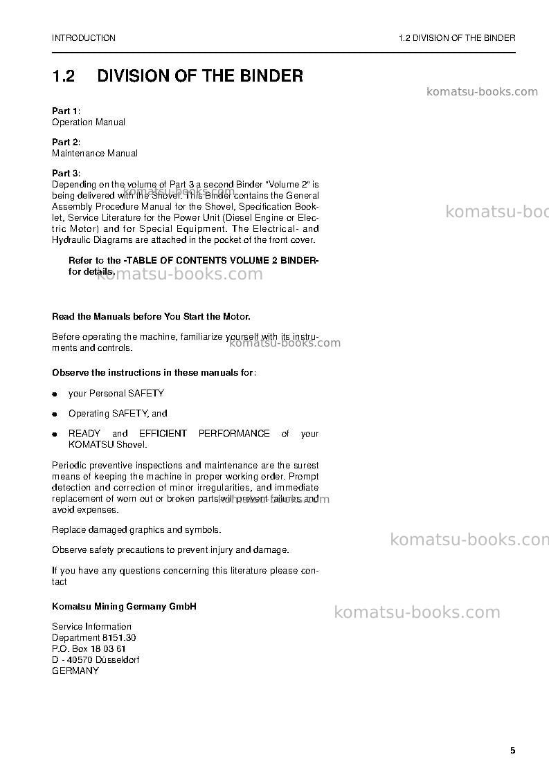 Komatsu pc4000-6deu Operation manual cover Page 5 Komatsu pc4000-6deu Operation manual cover Page 5