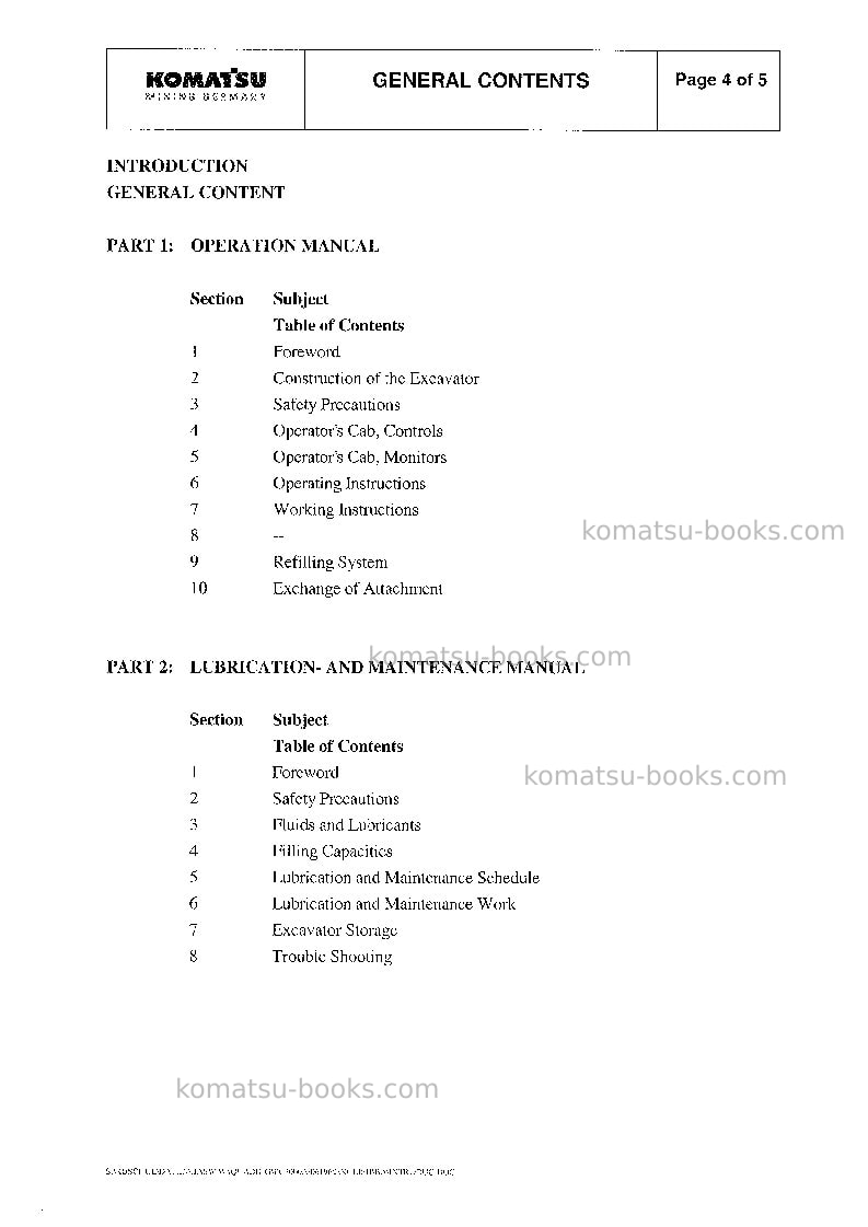Komatsu pc3000-1deu-aqua digger Operation manual cover Page 5 Komatsu pc3000-1deu-aqua digger Operation manual cover Page 5