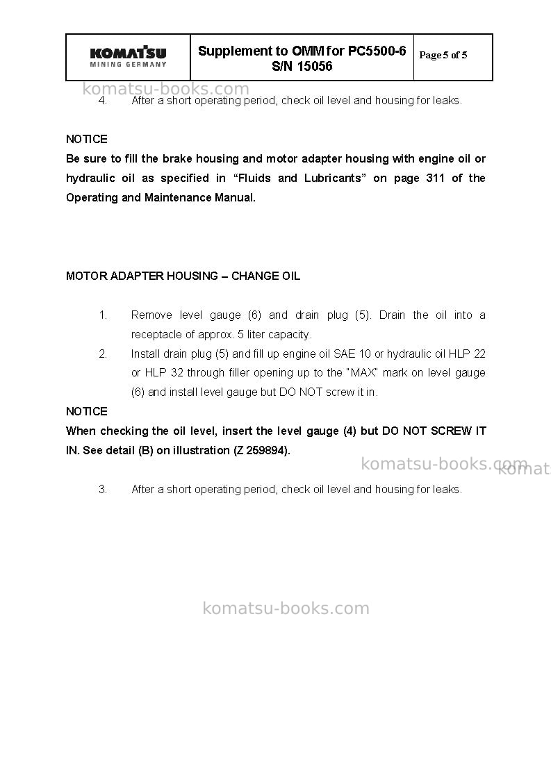 Komatsu pc5500-6deu Operation manual cover Page 5 Komatsu pc5500-6deu Operation manual cover Page 5