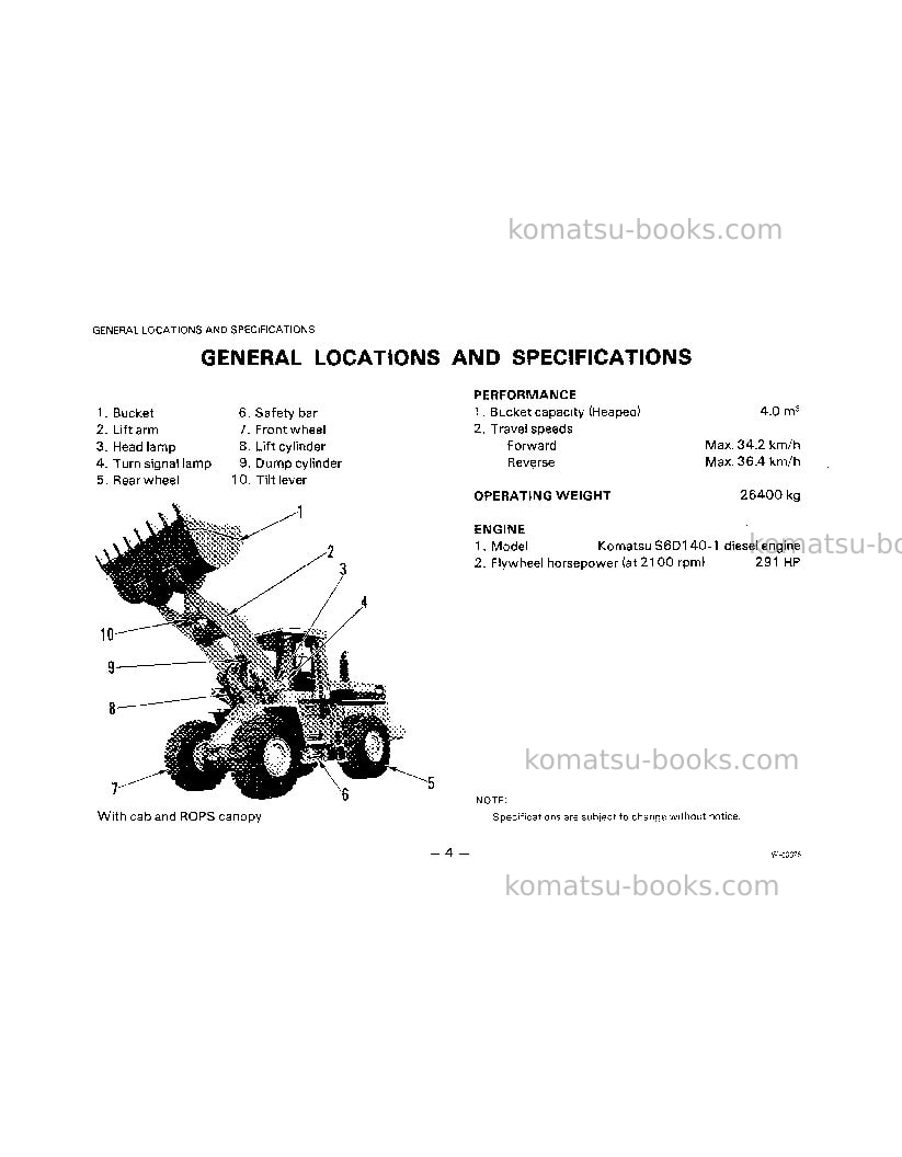 Komatsu wa500-1usa-l Operation manual cover Page 5 Komatsu wa500-1usa-l Operation manual cover Page 5