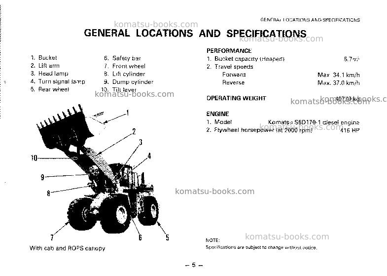 Komatsu wa600-1jpn Operation manual cover Page 5 Komatsu wa600-1jpn Operation manual cover Page 5